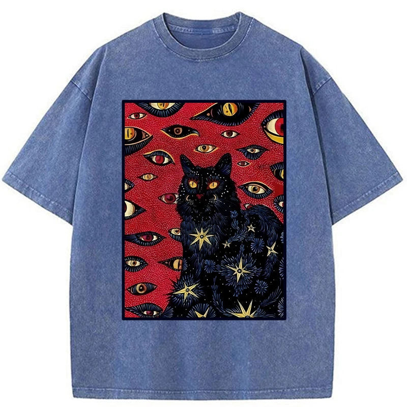 Modecanvas Mysterious Cat Washed T-Shirt-modecanvas