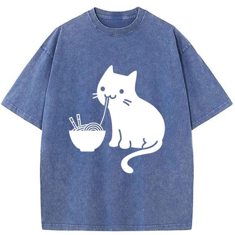 Modecanvas Cat Eating Ramen Japan Washed T-Shirt