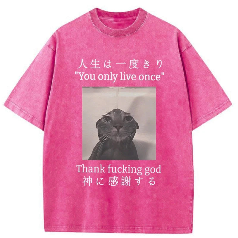 Modecanvas Funny Melancholy Cat Washed T-Shirt-modecanvas