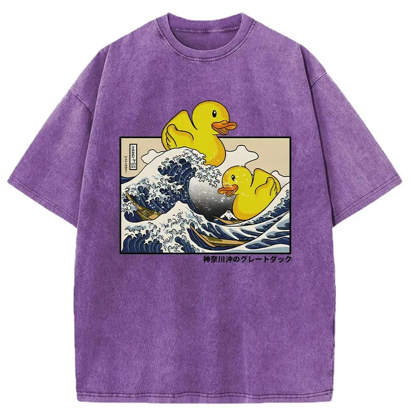Modecanvas Ukiyoe Waves And Cute Yellow Duck Washed T-Shirt-modecanvas