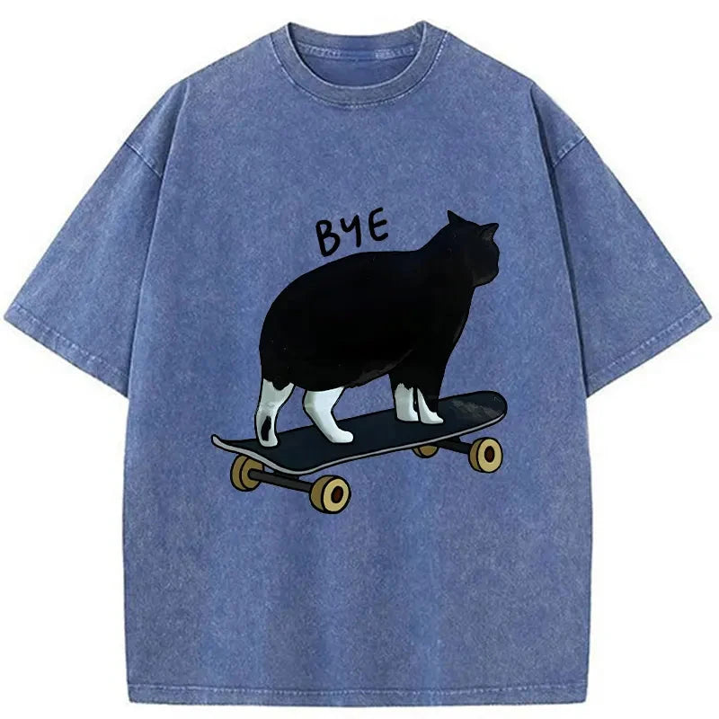 Modecanvas Cat On Skateboard Washed T-Shirt-modecanvas