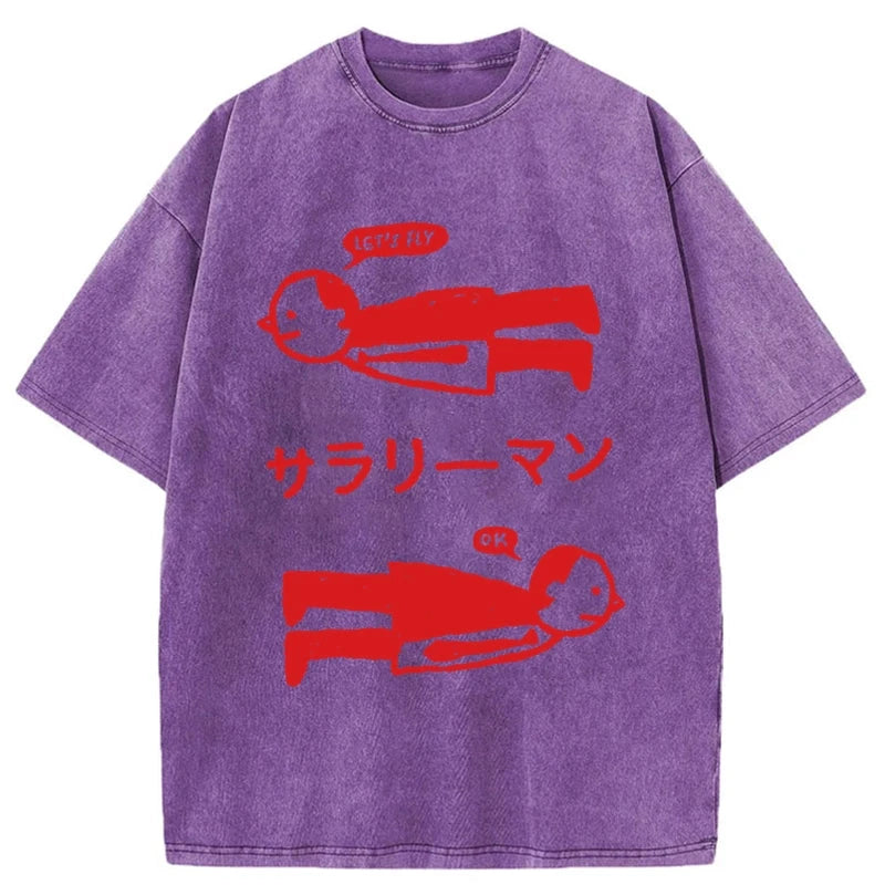 Modecanvas Let's Fly Office Worker Washed T-Shirt-modecanvas