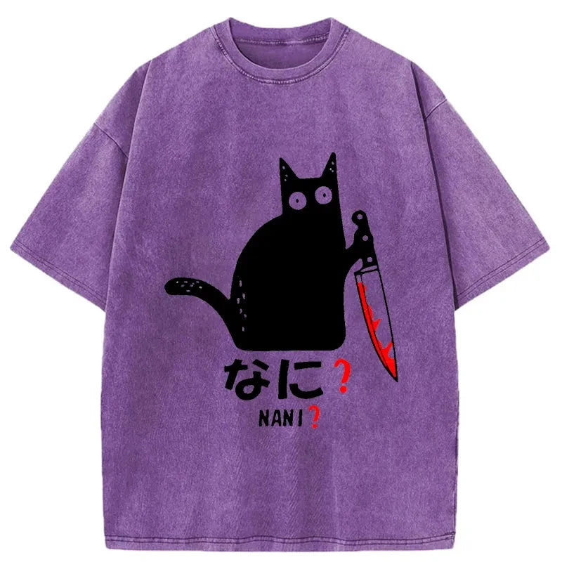 Modecanvas A Puzzled Cat Holding A Knife Washed T-Shirt-modecanvas