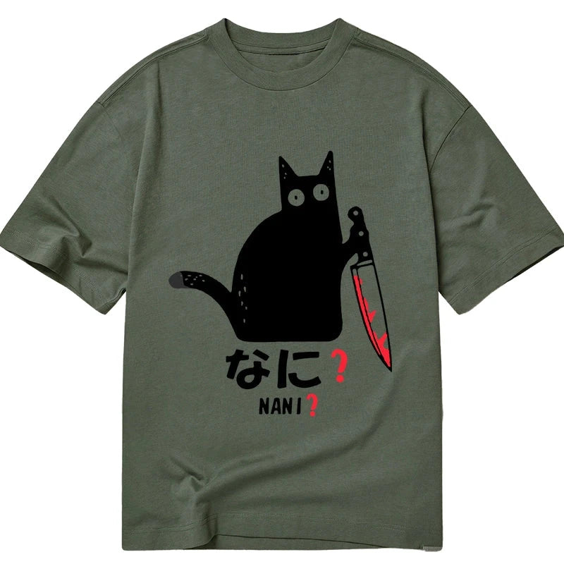 Modecanvas A Puzzled Cat Holding A Knife DTG Printing Classic T-Shirt-modecanvas