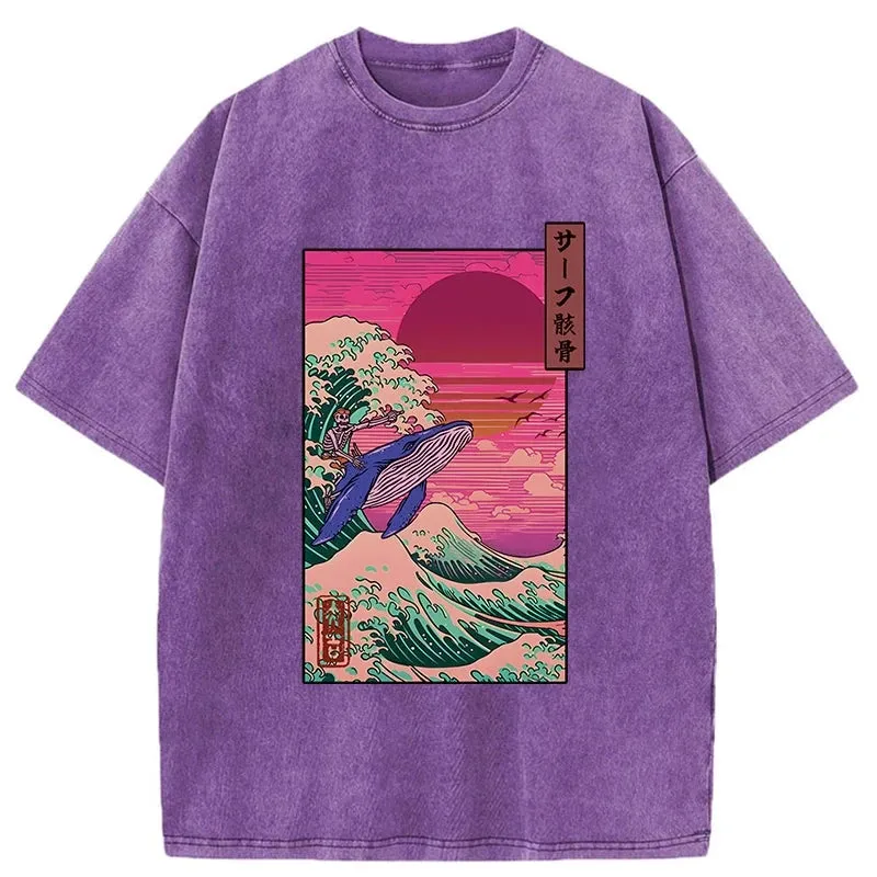Modecanvas Skeleton Surfing With A Whale Washed T-Shirt