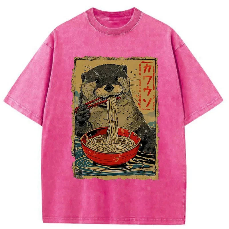 Modecanvas Otter Eating Ramen Japan Washed T-Shirt