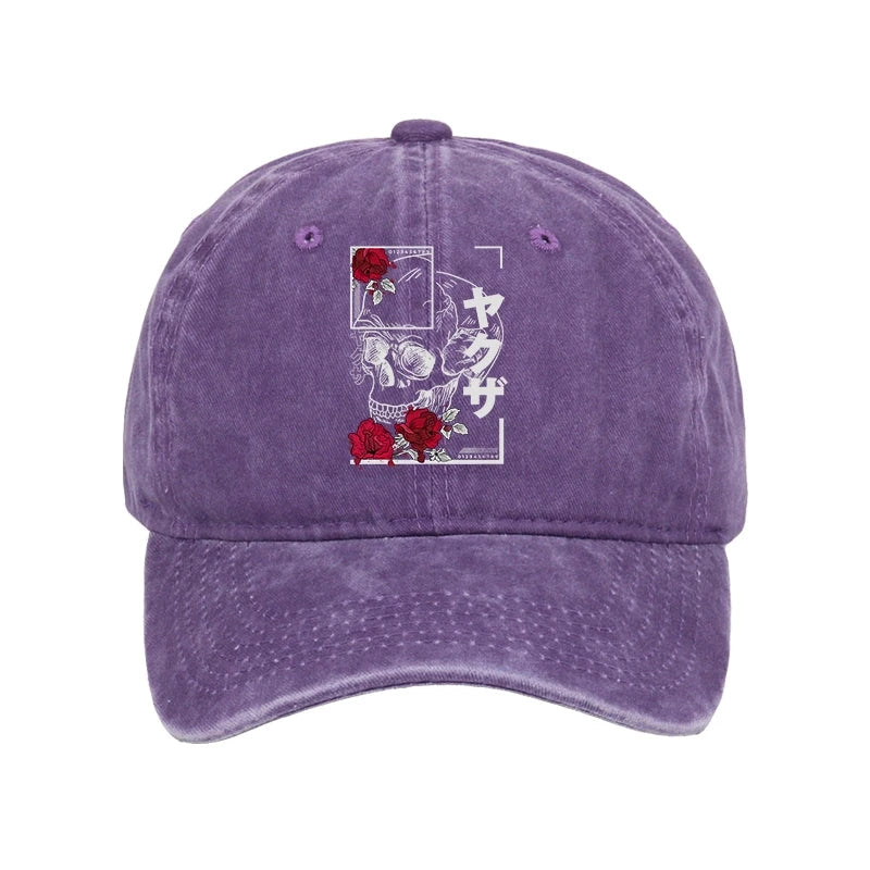 Modecanvas Skull Roses Japanese Aesthetic Washed Cap-modecanvas