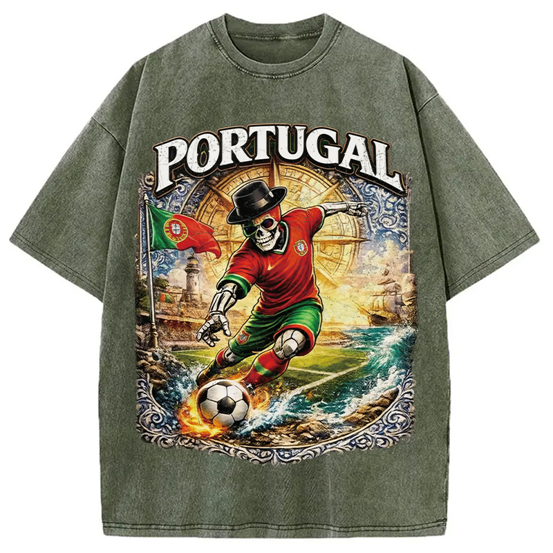 Modecanvas Portugal Soccer Skull DTG Printing Washed T-Shirt