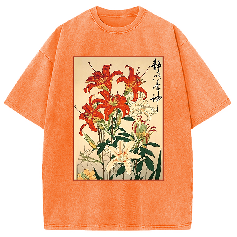 Modecanvas Red And White Lilies DTG Printing Washed T-Shirt