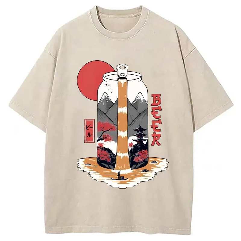 Modecanvas Japanese Retro Beer Landscape Washed T-Shirt