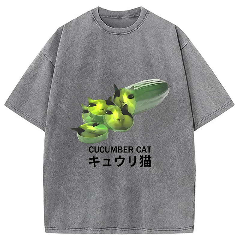 Modecanvas Funny Cucumber Cat Meme Washed T-Shirt