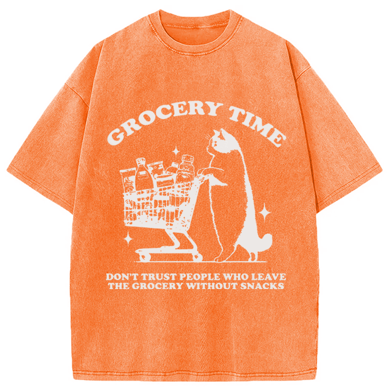Modecanvas Grocery Time Funny Cat DTG Printing Washed T-Shirt