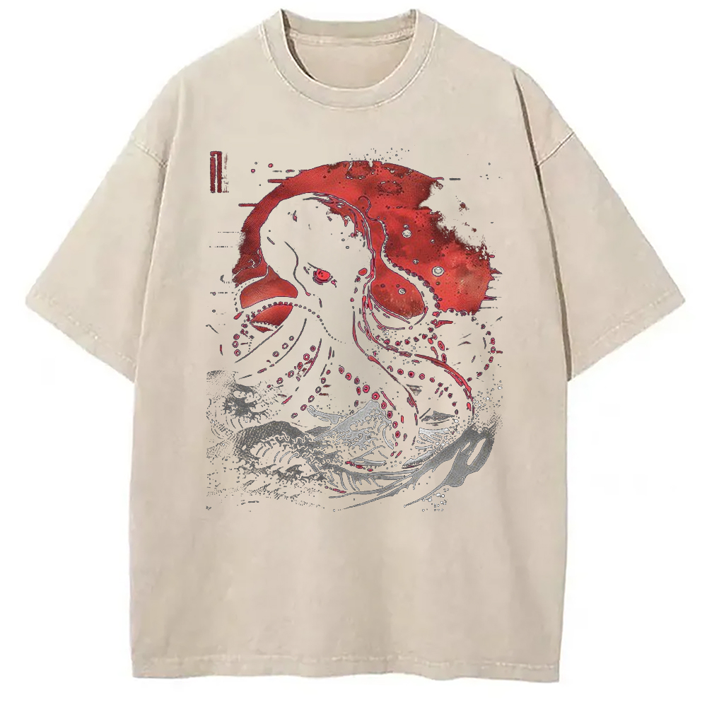 Modecanvas Red Moon Kraken Octopus DTG Printing Washed T-Shirt-modecanvas
