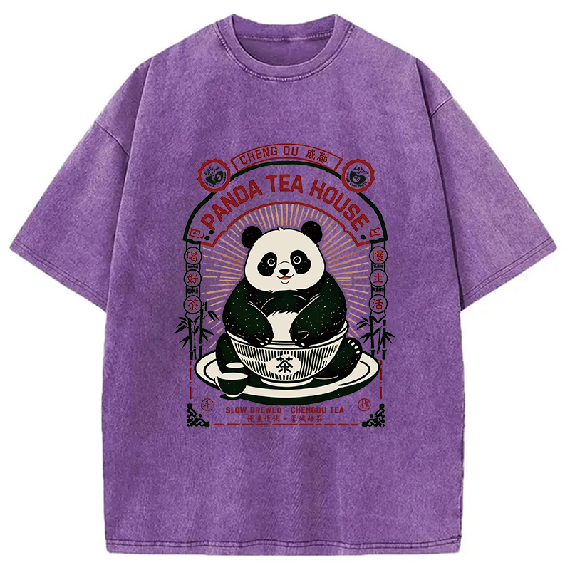 Modecanvas Panda Tea House DTG Printing Washed T-Shirt
