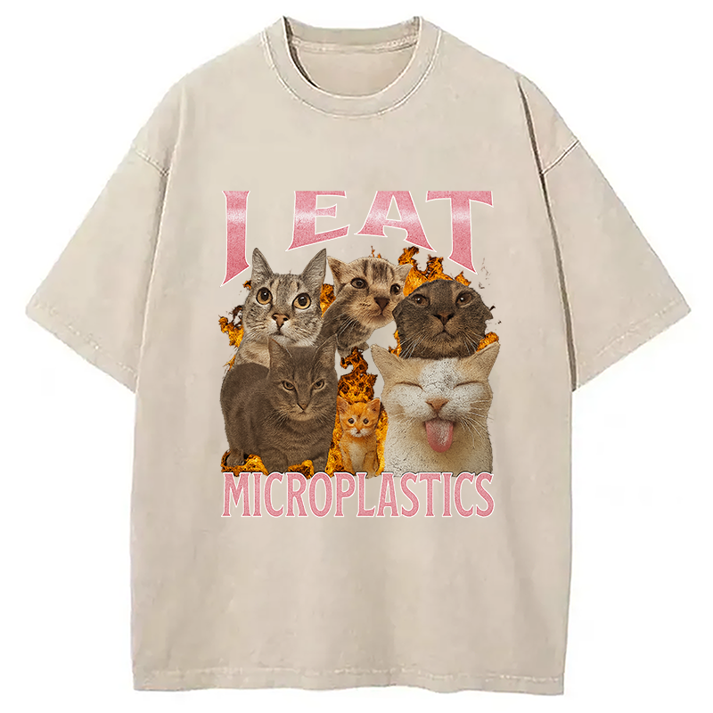 Modecanvas I Eat Microplastics Funny Cat Meme Washed T-Shirt-modecanvas