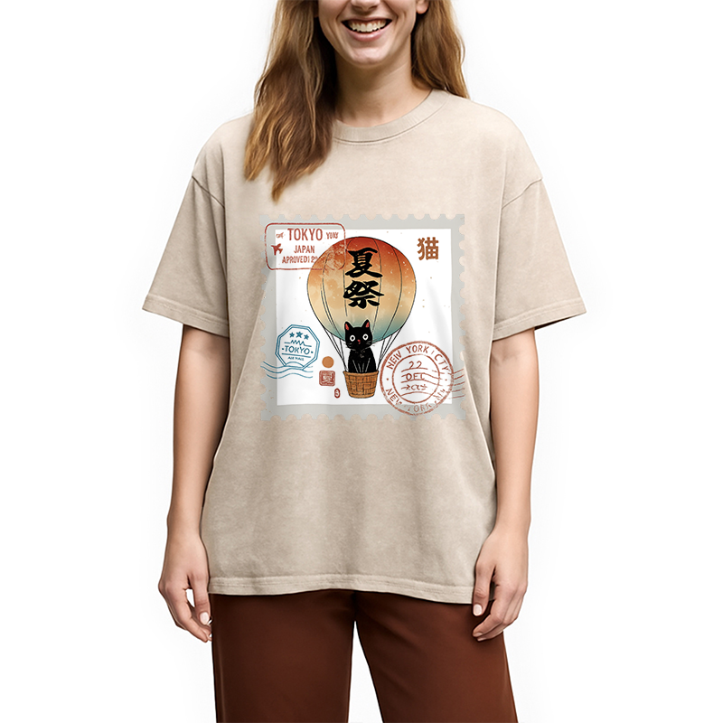 Modecanvas Japanese Cat Stamp Washed T-Shirt