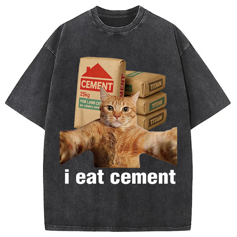 Modecanvas I EAT CEMENT Funny Cat Meme DTG Printing Washed T-Shirt
