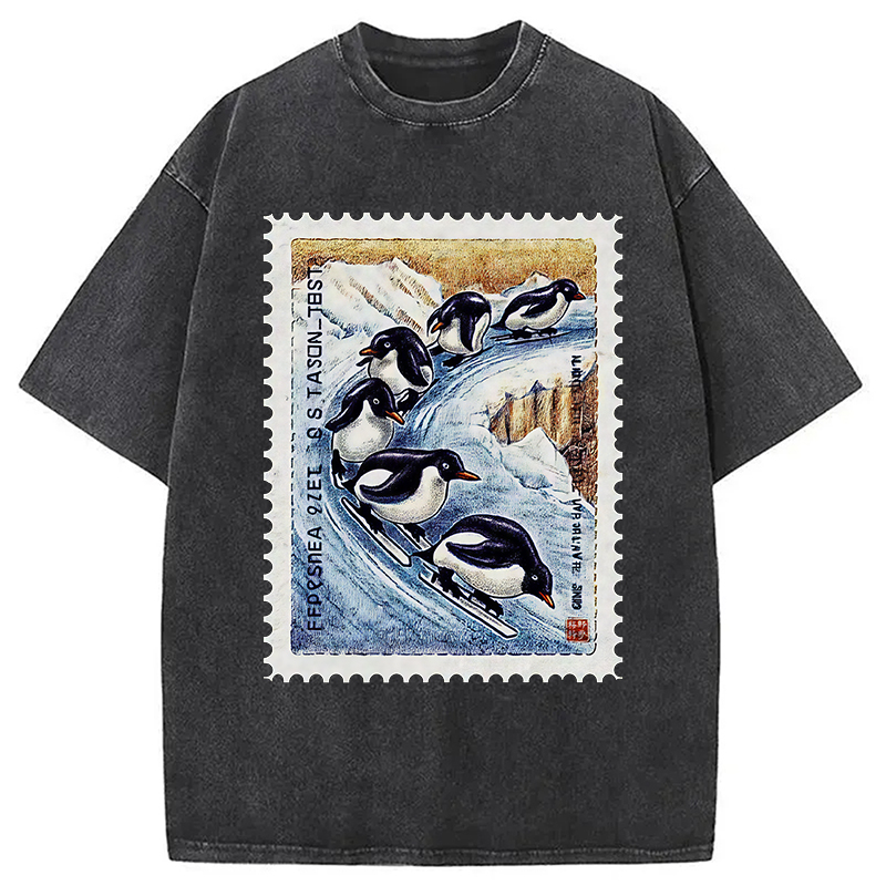 Modecanvas Gliding Penguin Stamp Washed T-Shirt