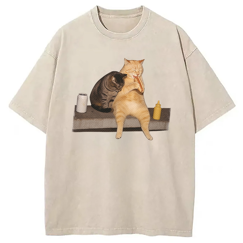 Modecanvas Cat Eating Hot Dog Washed T-Shirt