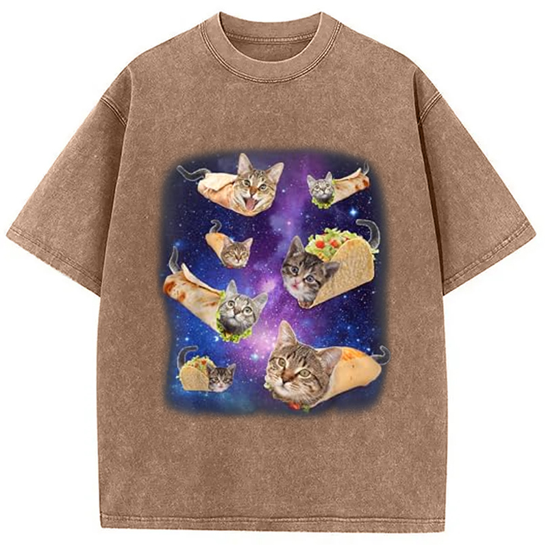 Modecanvas Burrito Cat and Taco Cat Space Galaxy Meme Washed T-Shirt