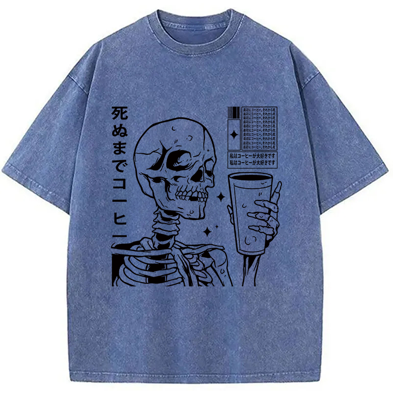 Modecanvas Japanese Skeleton Coffee DTG Printing Washed T-Shirt-modecanvas