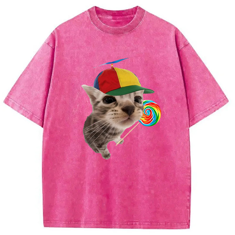 Modecanvas Cat With Lollipop And Hat Washed T-Shirt-modecanvas