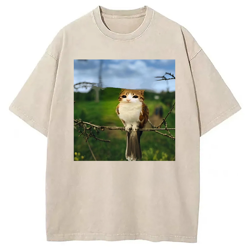 Modecanvas Funny Cat Owl Meme DTG Printing Washed T-Shirt