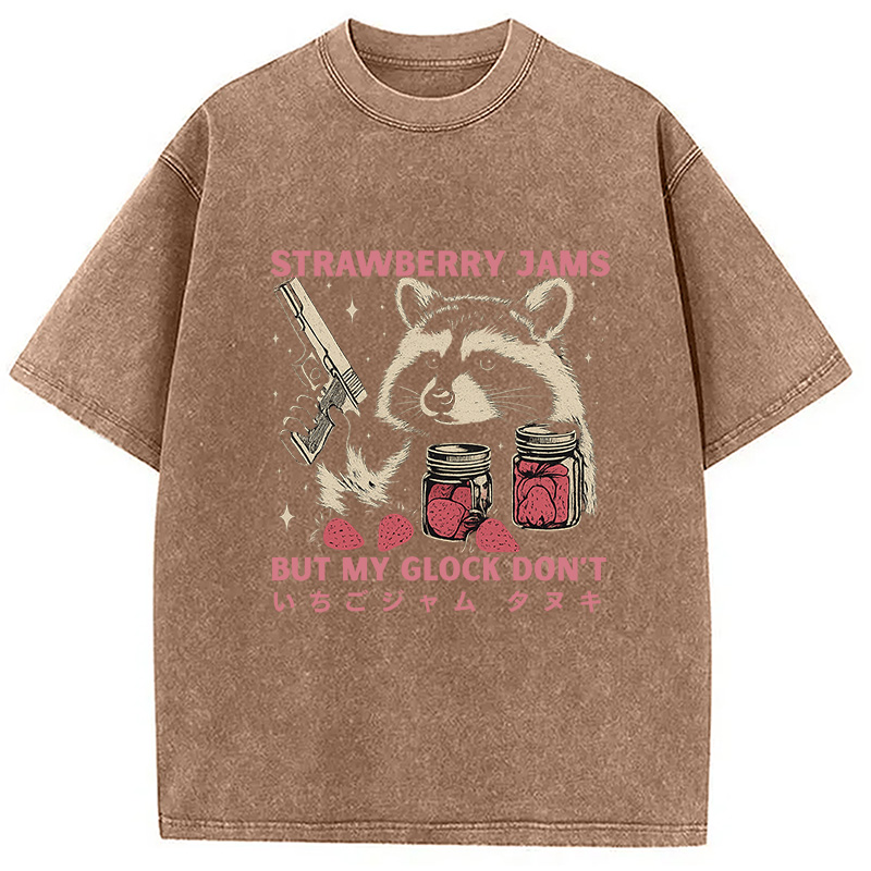 Modecanvas Strawberry Jams Funny Raccoon Washed T-Shirt For Sale