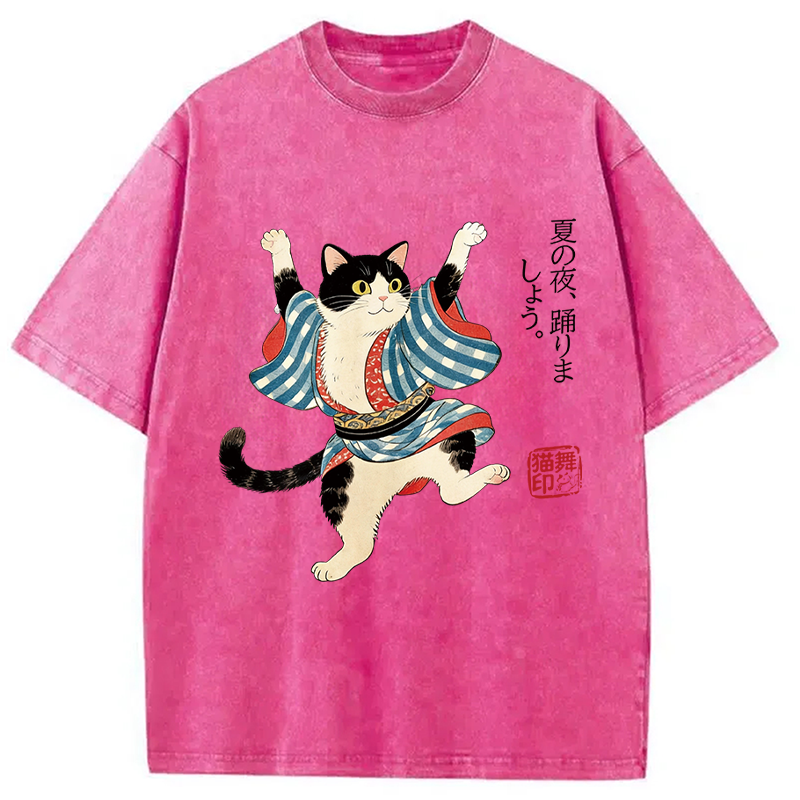 Modecanvas Bon Odori Dancing Cat DTG Printing Washed T-Shirt-modecanvas