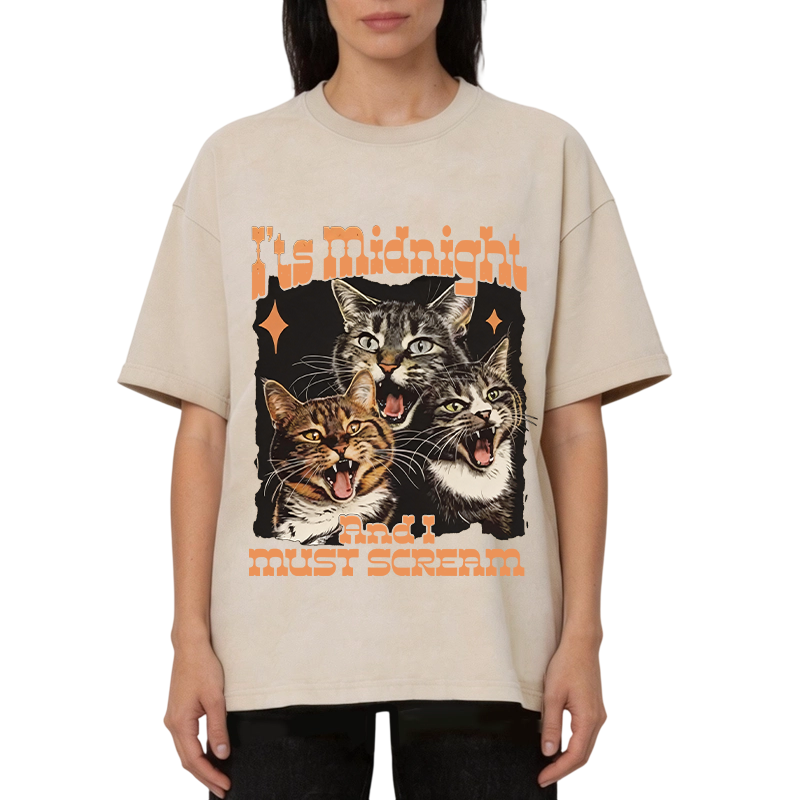 Modecanvas It's Midnight And I Must Scream Cat DTG Printing Washed T-Shirt