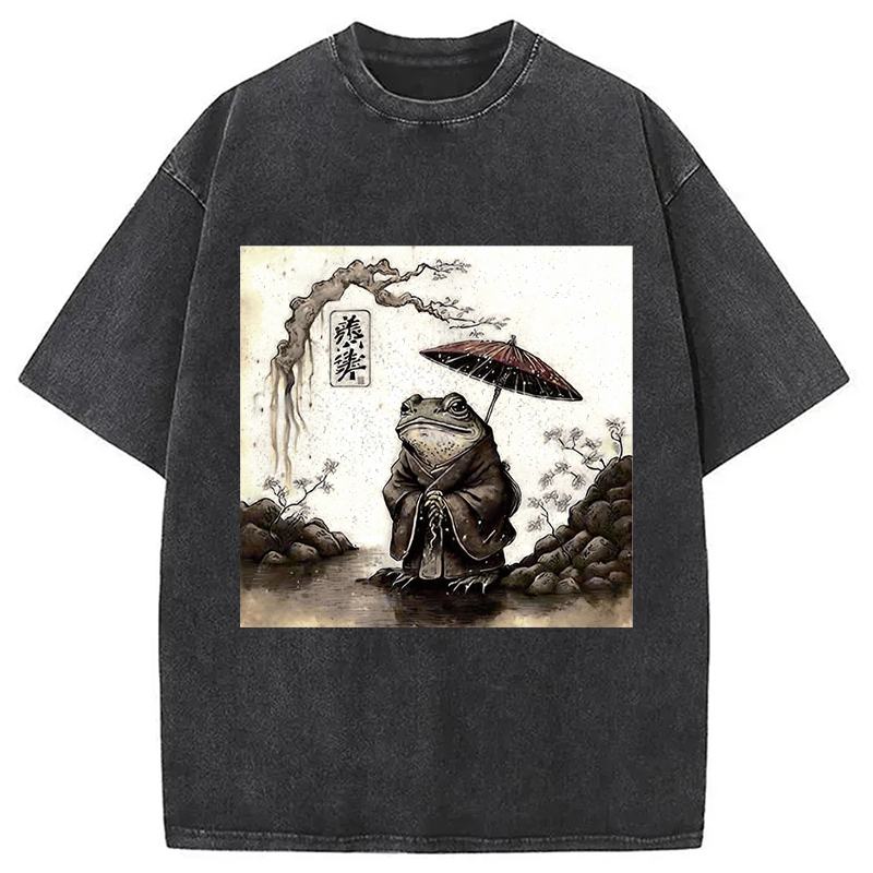 Modecanvas Rainy Day Frog DTG Printing Washed T-Shirt-modecanvas