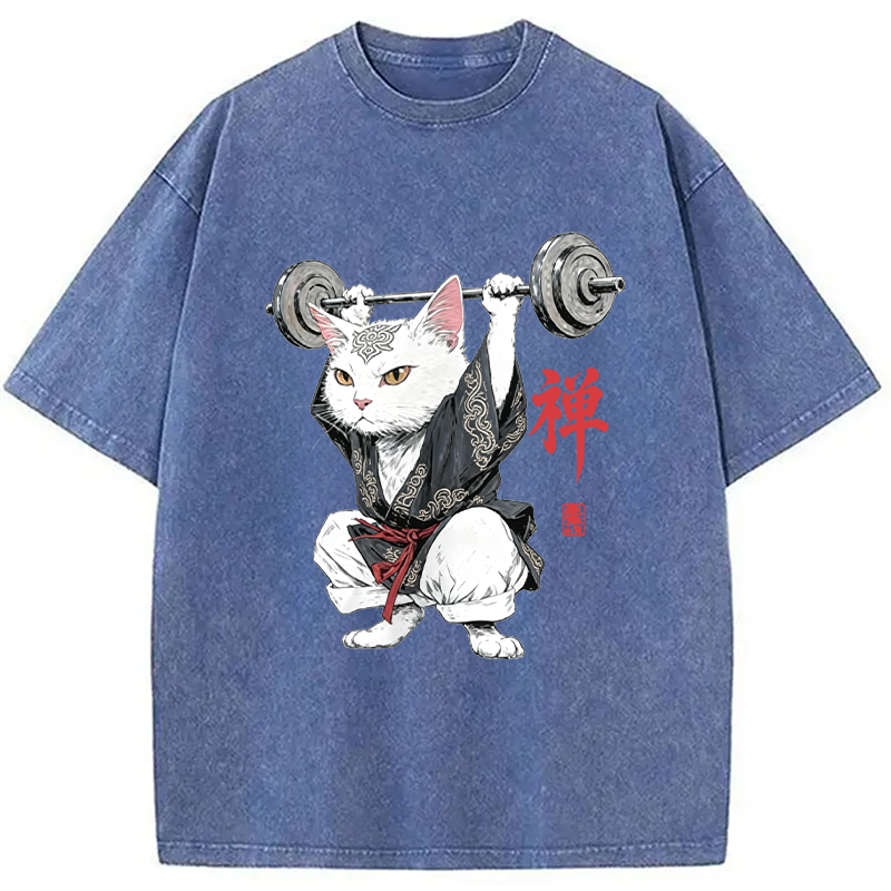 Modecanvas Zen Samurai Cat Weightlifter DTG Printing Washed T-Shirt