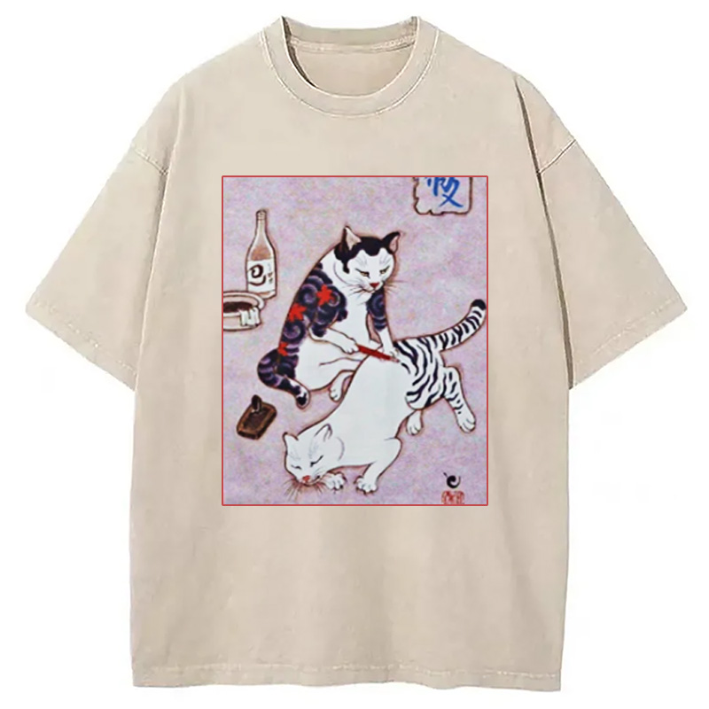 Modecanvas Japanese Tattoo Cat Washed T-Shirt