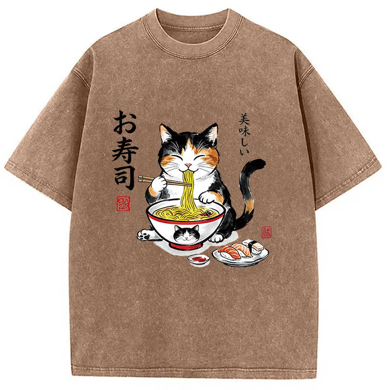 Modecanvas Cats Eat Japanese Food DTG Printing Washed T-Shirt