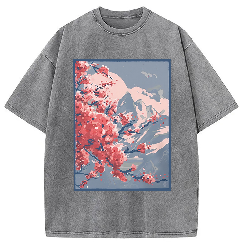 Modecanvas Sakura Blossom Mountain Washed T-Shirt