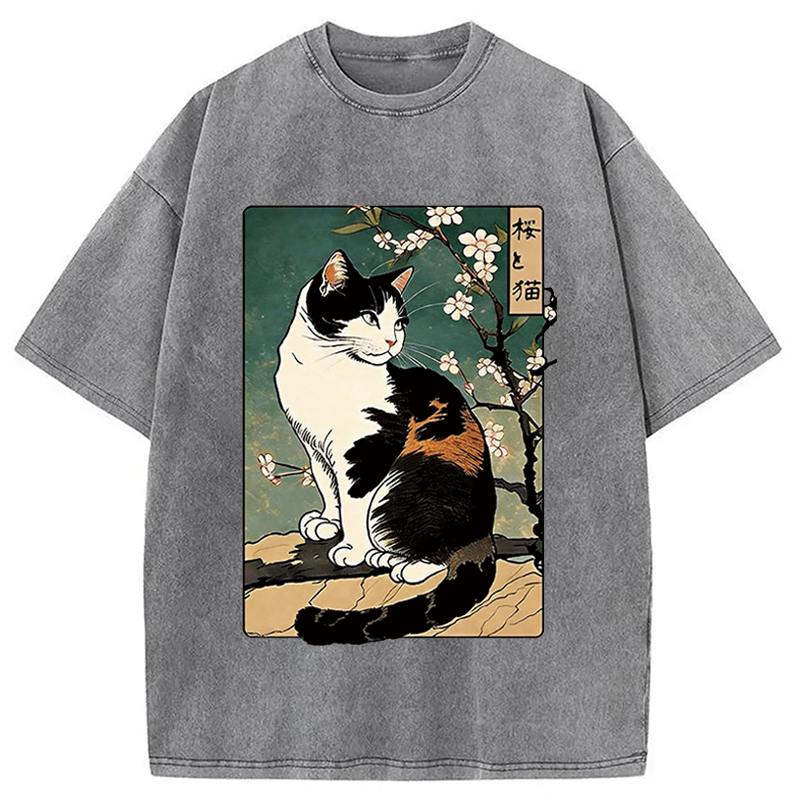 Modecanvas The Cat Under the Sakura DTG Printing Washed T-Shirt-modecanvas
