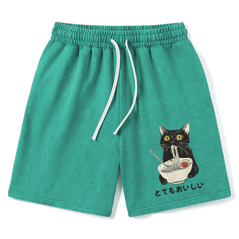 Modecanvas Cats Eat Ramen Noodles Washed Shorts