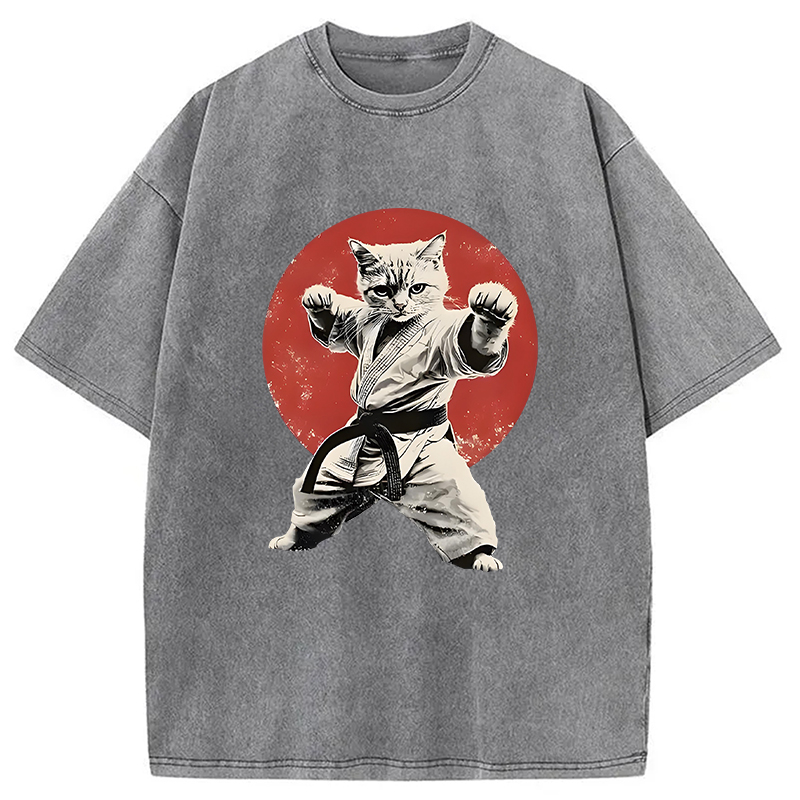 Modecanvas Japanese Karate Cat Washed T-Shirt-modecanvas