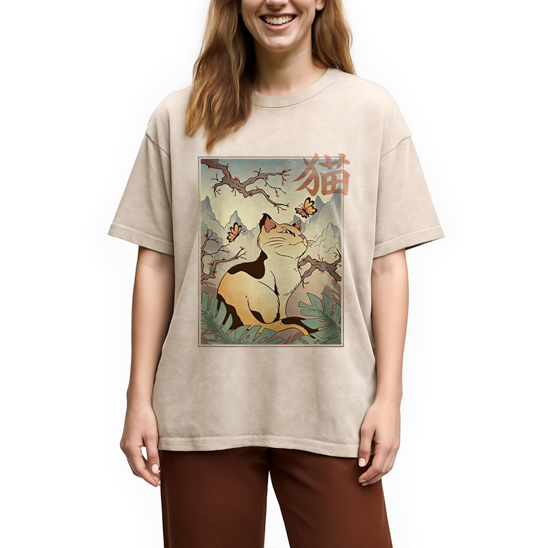 Modecanvas Kawaii Cat DTG Printing Washed T-Shirt-modecanvas