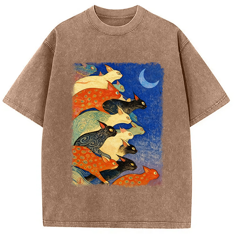 Modecanvas Colorful Flowing Cats Washed T-Shirt