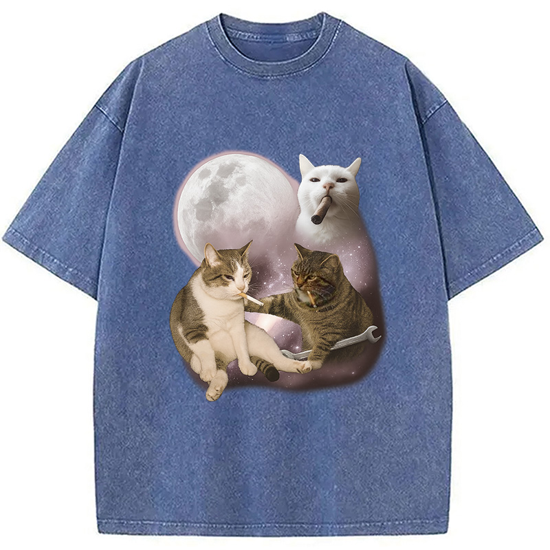 Modecanvas Three Cat Smoking Retro Washed T-Shirt