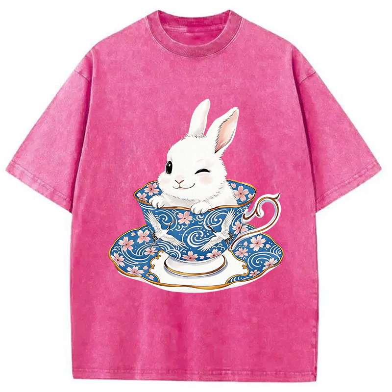 Modecanvas Cute Rabbit Tea Set DTG Printing Washed T-Shirt