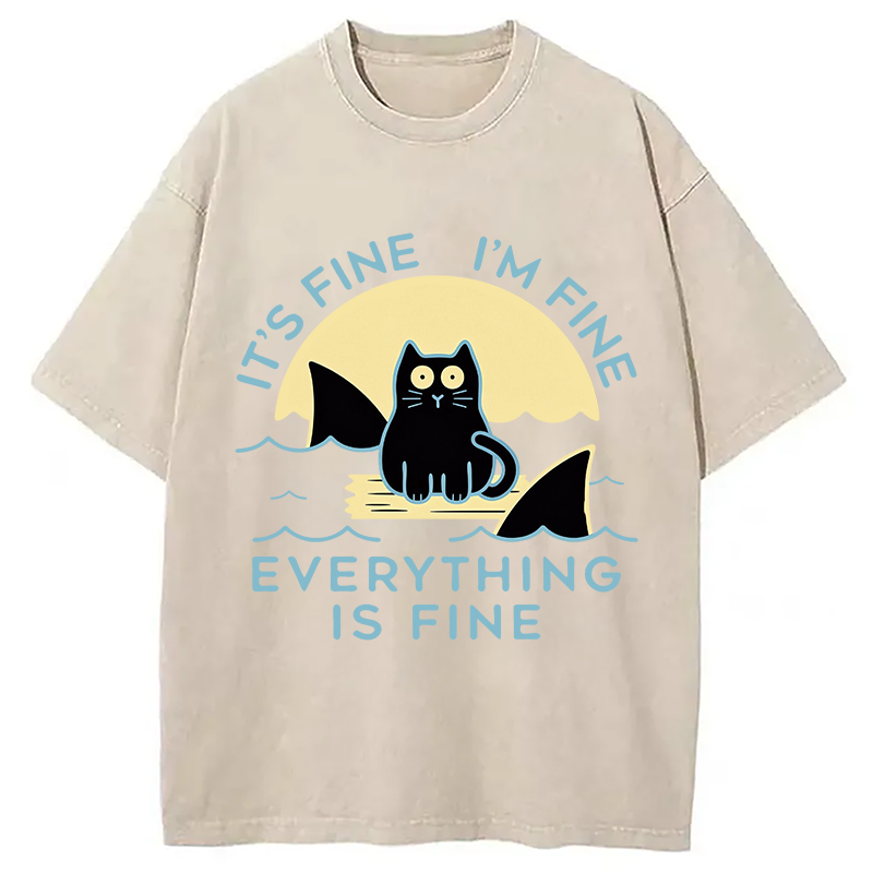 Modecanvas Everything Is Fine Cat Sea DTG Printing Washed T-Shirt