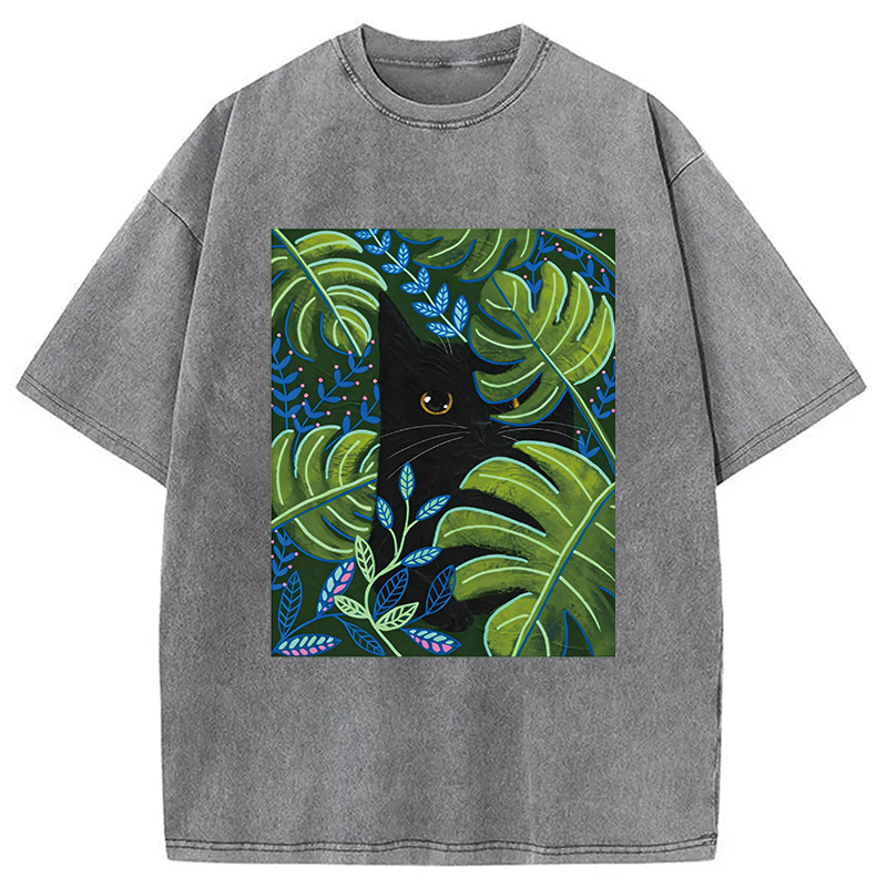 Modecanvas Cat In The Monstera DTG Printing Washed T-Shirt