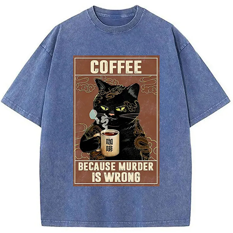 Modecanvas Cat Drinking Coffee Washed T-Shirt