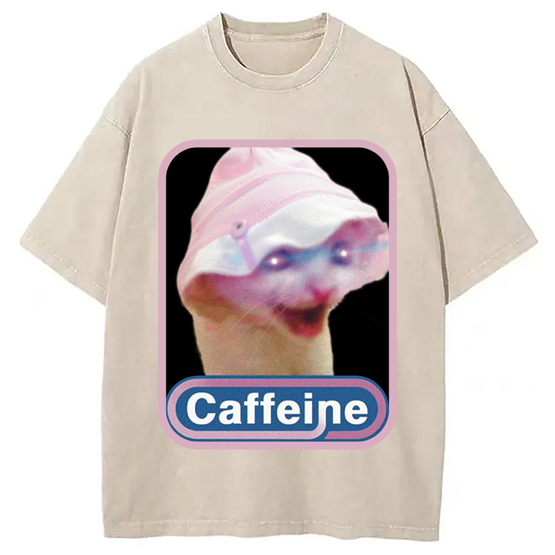 Modecanvas Caffeine Hat Cat Funny Meme Washed T-Shirt