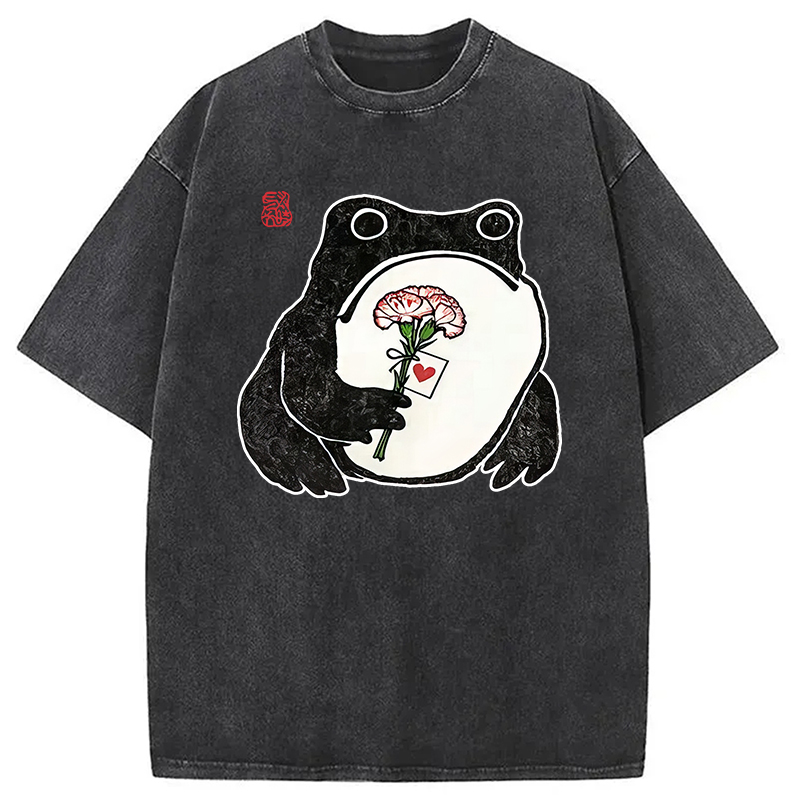 Modecanvas The Frog Holding A Carnation DTG Printing Washed T-Shirt