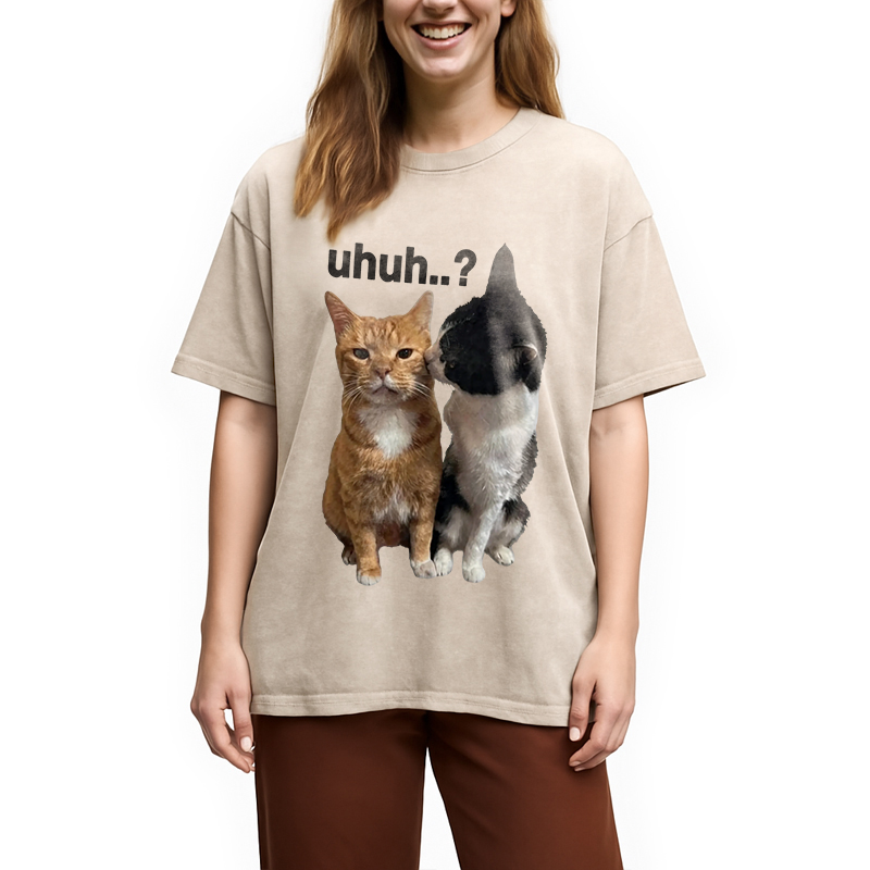 Modecanvas Uhuh..? Cat Meme DTG Printing Washed T-Shirt