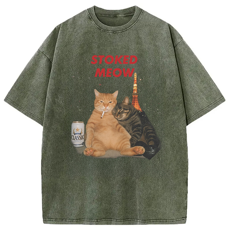 Modecanvas Stoked Meow Smoking Cat Washed T-Shirt