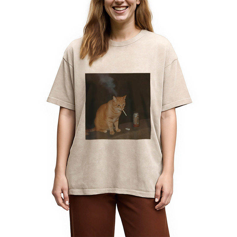 Modecanvas Cat Smoking Funny Meme Washed T-Shirt